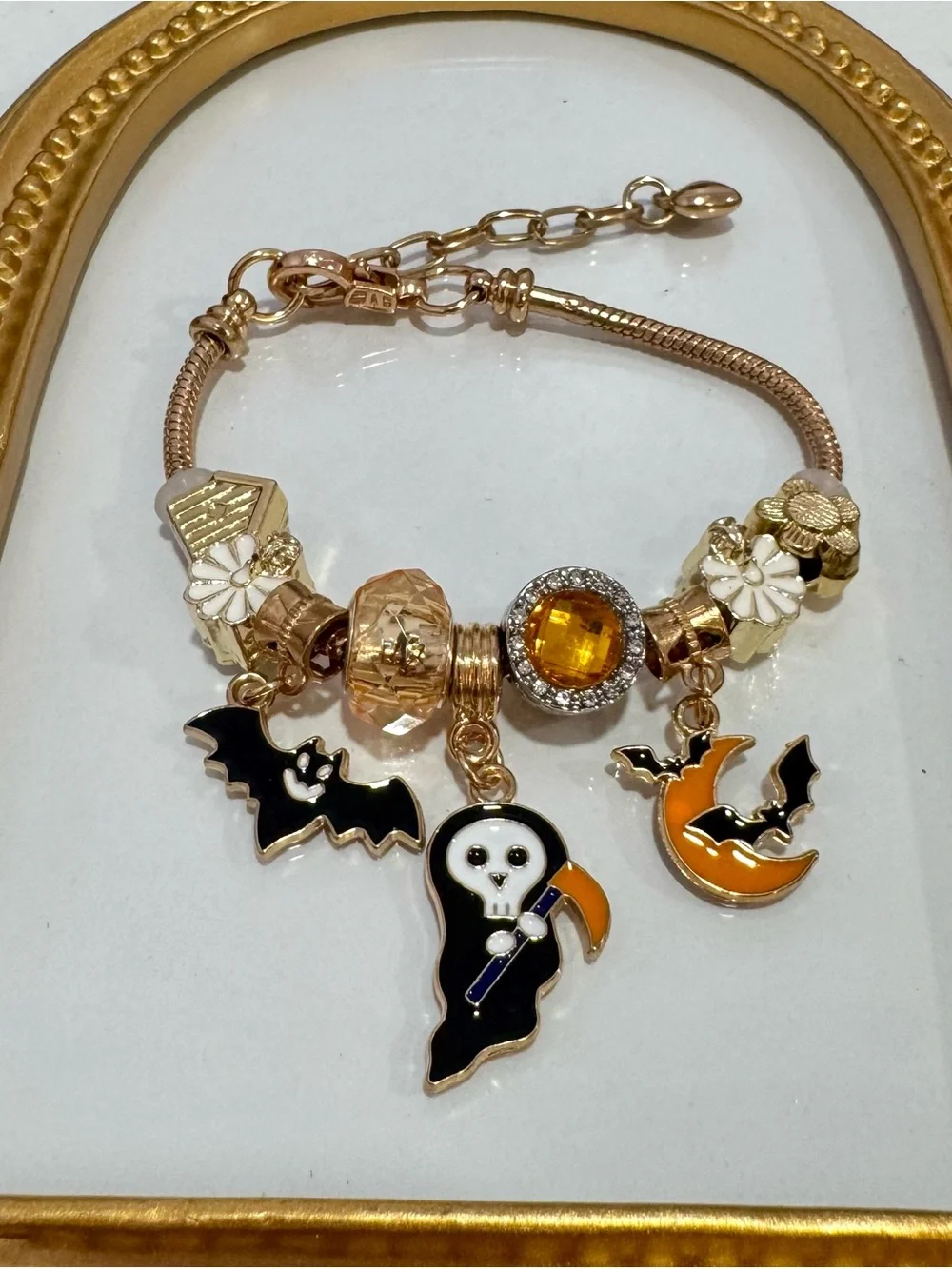 New Gold-Tone Halloween Charm Bracelet with Black & Orange Enamel Accents